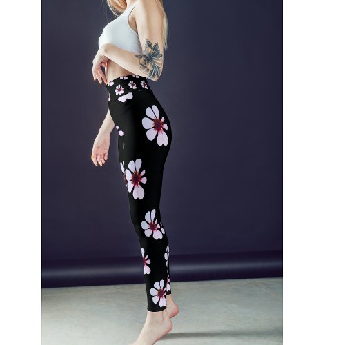 White And Pink Flora Simple Floral  Leggings