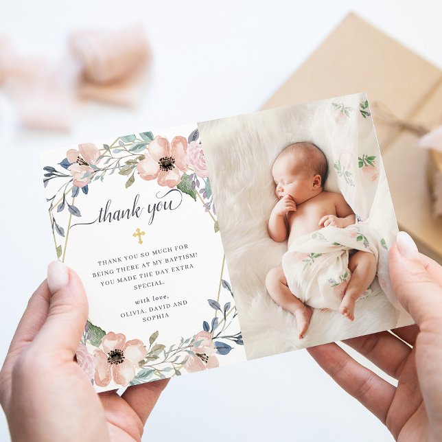 White and Pink Floral Geometric | Photo Baptism Thank You Card (Creator Uploaded)