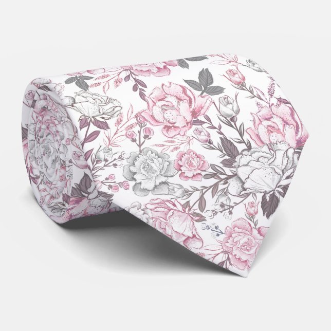 White and Pink Floral  Neck Tie (Rolled)