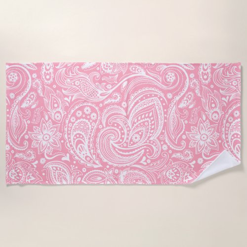 White And Pink Floral Paisley Pattern Beach Towel