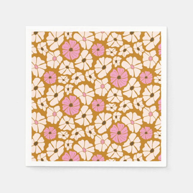 White and pink floral pattern on caramel brown napkins (Front)