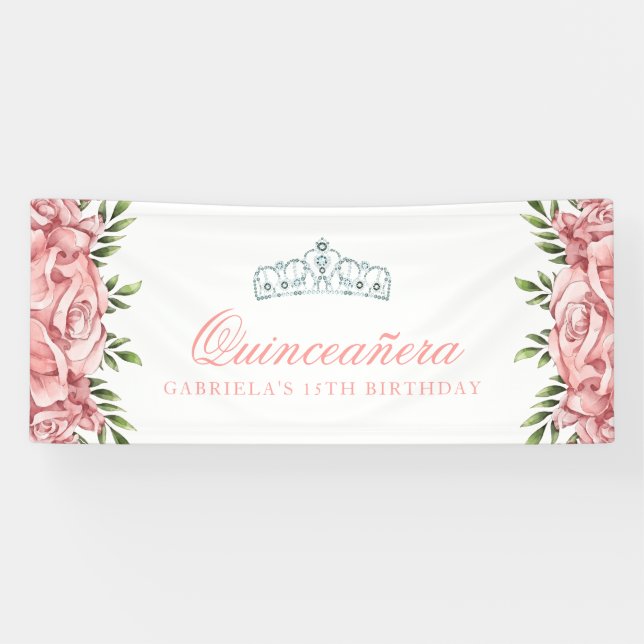 White and Pink Floral Quinceanera Banner (Horizontal)