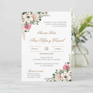 White and pink floral Spanish wedding Invitation