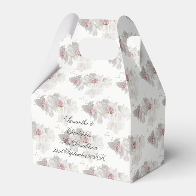 White and pink floral wedding bouquet favor boxes (Front Side)