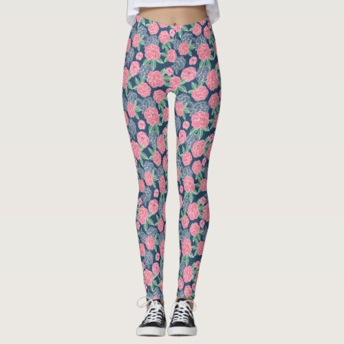 White and pink flower navy blue leggings