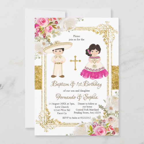 White and Pink Flowers Baptism Fiesta Twin  Invitation