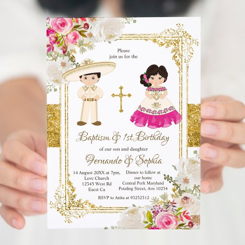 White and Pink Flowers Baptism Fiesta Twin  Invitation