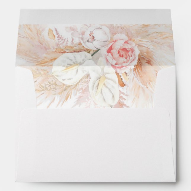 White and Pink Flowers Pampas Grass Elegant Boho Envelope (Back (Bottom))