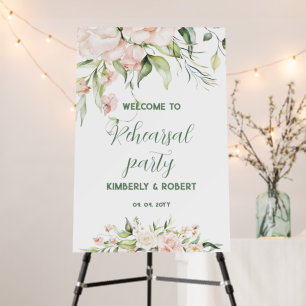 White and pink flowers rehearsal dinner party sign