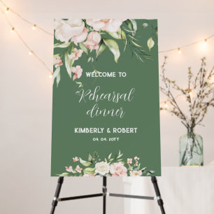 White and pink flowers rehearsal dinner sign