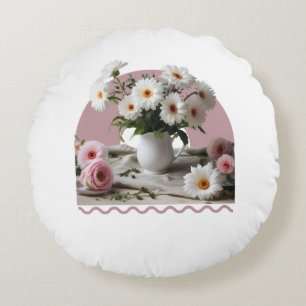 White and Pink Flowers Round Pillow