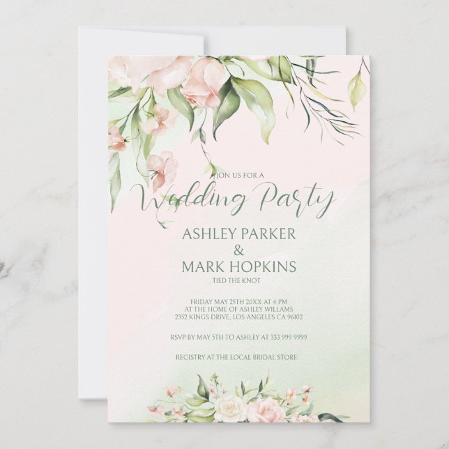 White and Pink Flowers Wedding Party Invite  (Front)