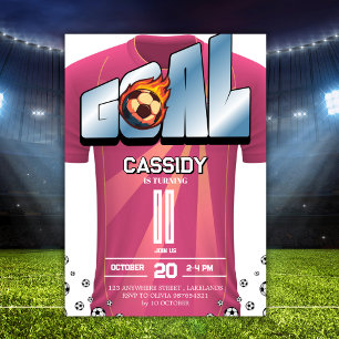 White and Pink Girl Soccer Shirt Birthday Party Invitation