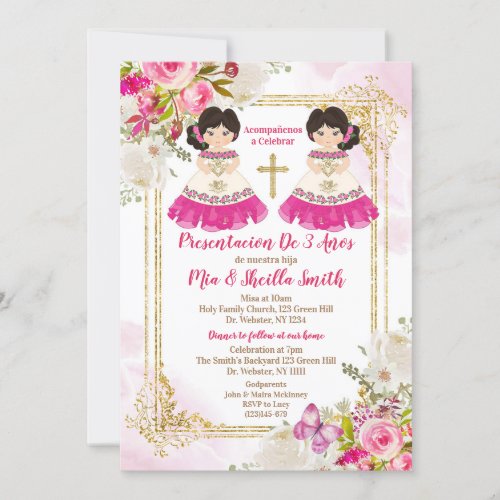 White and Pink Girl Twin Presentacion De 3 Aos Invitation