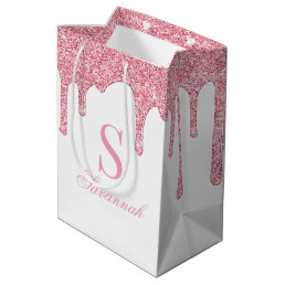 White and Pink Glitter Drips Sparkle Monogram Medium Gift Bag