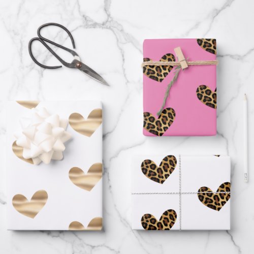 White and Pink Gold Glam and Leopard Hearts Wrapping Paper Sheets