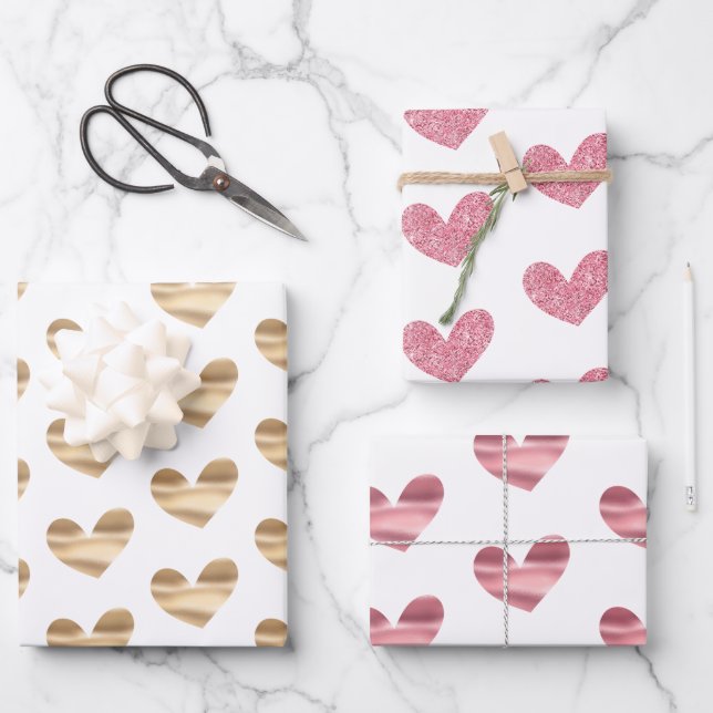 White and Pink Gold Glam Glitter Hearts Wrapping Paper Sheets (Front)