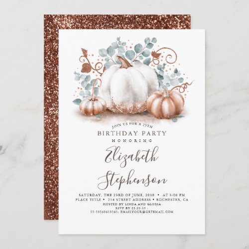 White and Pink Gold Pumpkins Fall Harvest Birthday Invitation