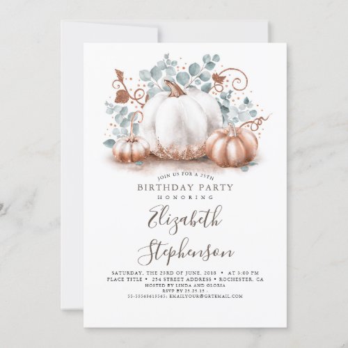 White and Pink Gold Pumpkins Fall Harvest Birthday Invitation
