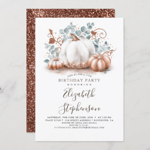 White and Pink Gold Pumpkins Fall Harvest Birthday Invitation