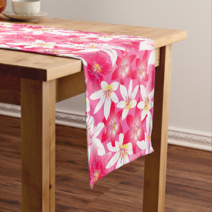 White and pink hibiscus floral short table runner