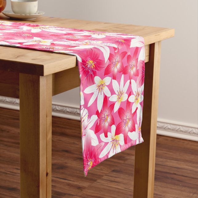 White and pink hibiscus floral short table runner (In Situ)