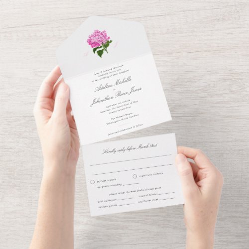 White and Pink Hydrangea All in One  All In One Invitation