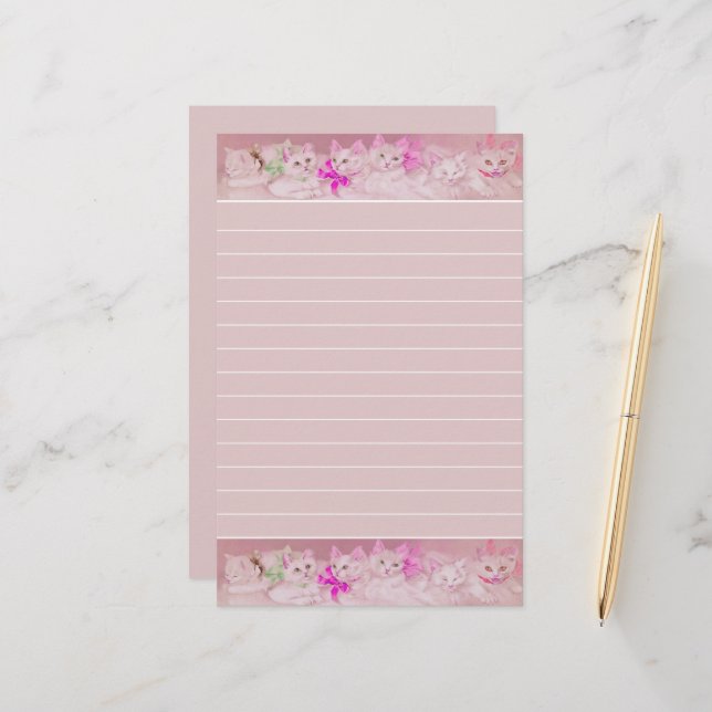 White and Pink Kittens Personal  Stationery (Front/Back In Situ)