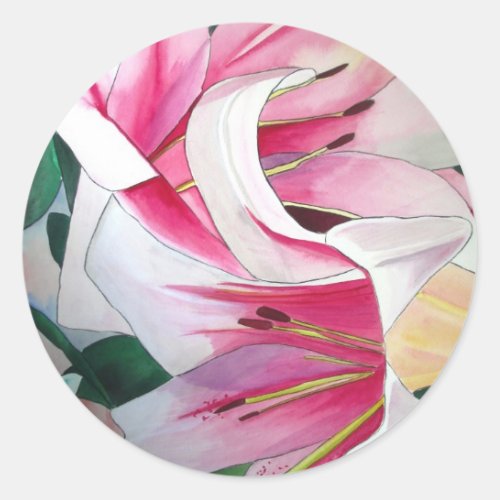 White and Pink Lily flower watercolor original art Classic Round Sticker