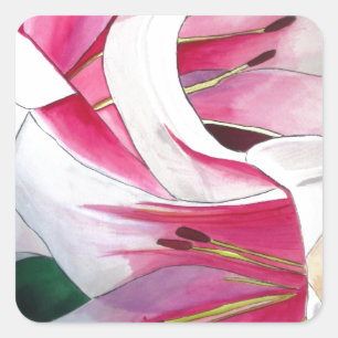 White and Pink Lily flower watercolor original art Square Sticker