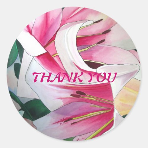 White and pink lily Triumphator flower Thank You Classic Round Sticker