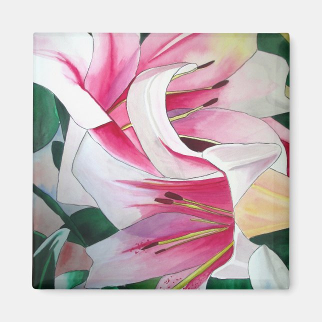 White and pink lily watercolour art magnet (Front)