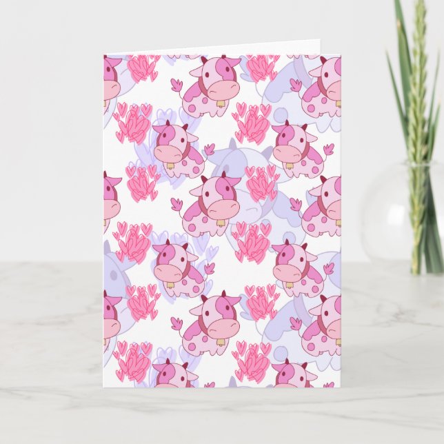 White and Pink Love Cow Pattern Holiday Card (Front)