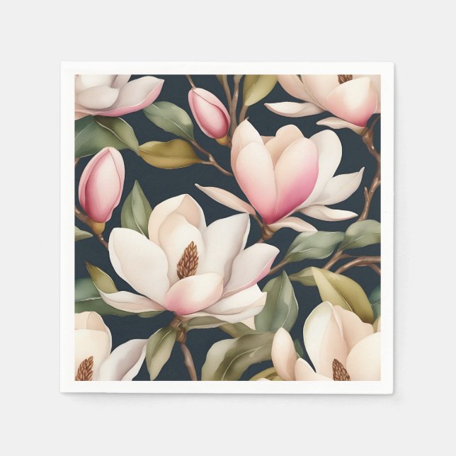 White And Pink Magnolia Flowers Pattern Napkins (Front)
