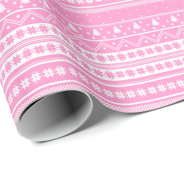 White And Pink Nordic Sweater Christmas Pattern Wrapping Paper (Roll Corner)