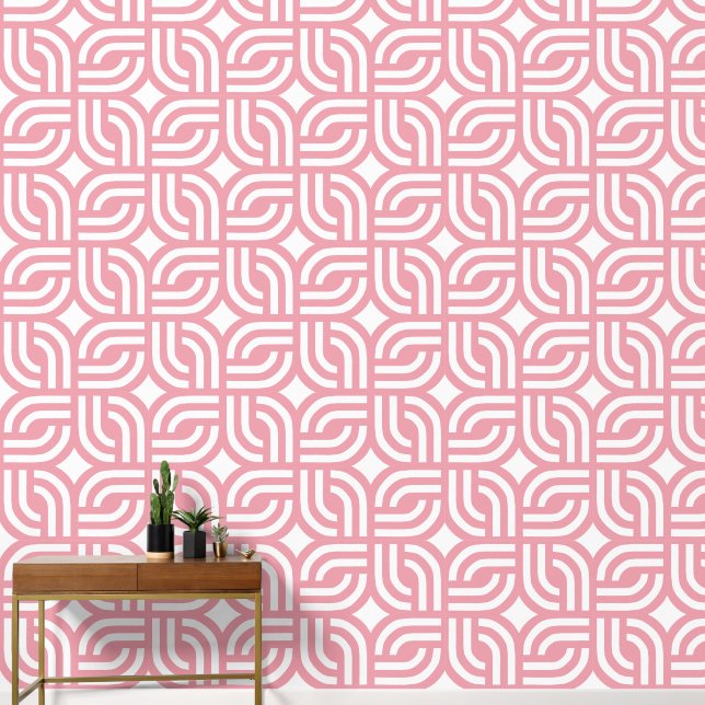 White and pink ornamental geometric tile wallpaper  (Hallway)