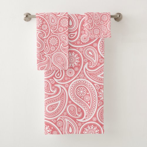 White and pink paisley pattern bath towel set