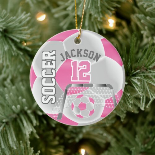 White and Pink Personalize Soccer  Ball Ceramic Ornament