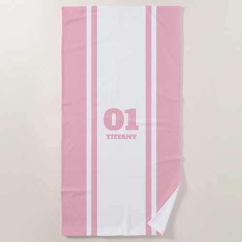 White and Pink Pink Sports Stripe Name  Number Beach Towel