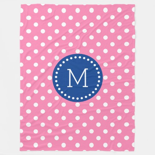 White And Pink Polkadot Blue Accents Fleece Blanket