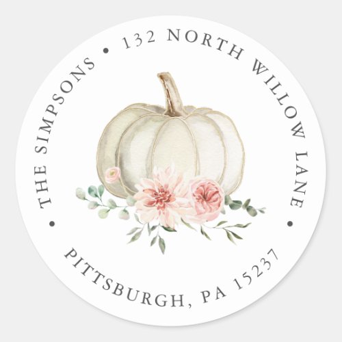 White and Pink Pumpkin Return Address Classic Round Sticker
