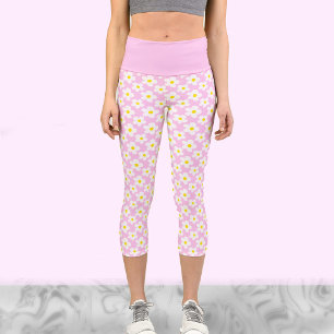 White and pink retro daisies cute floral workout capri leggings