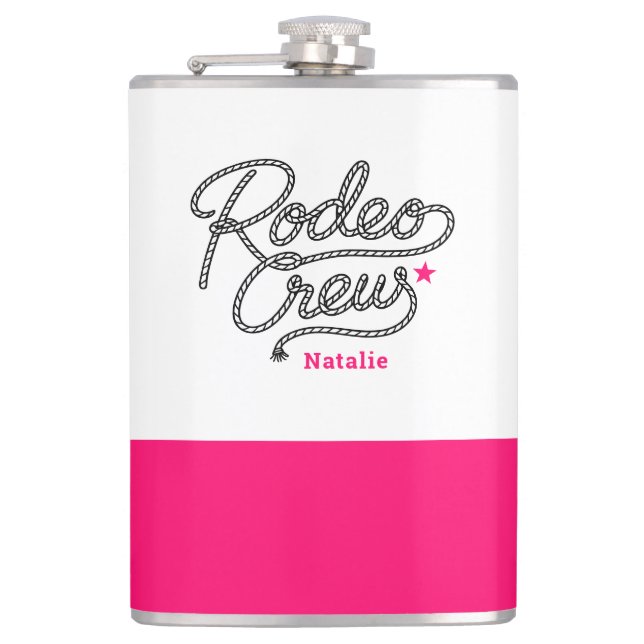 White and Pink Rodeo Crew Western Bachelorette Flask (Front)