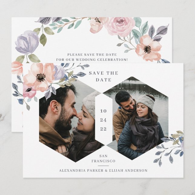White and Pink Rose Geometric Floral | Two Photo Save The Date (Front/Back)