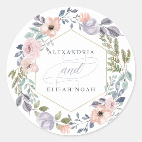 White and Pink Rose Geometric Floral  Wedding Classic Round Sticker
