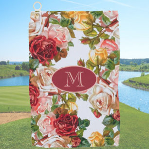 White and Pink Roses Custom Monogram Floral Golf Towel