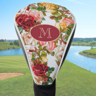 White and Pink Roses Floral Custom Monogram Golf Head Cover