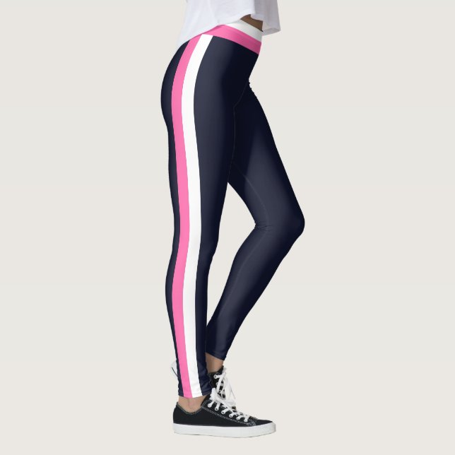 White and Pink Side Stripe Dark Blue Leggings (Right)