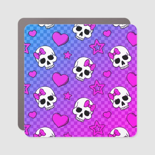 White and pink skull and hearts pattern car magnet