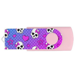White and pink skull and hearts pattern flash drive